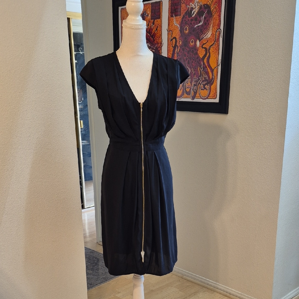 H&M Black Sheer V Neck Zippered Midi Dress Capped Sleeve Stretchy Waist